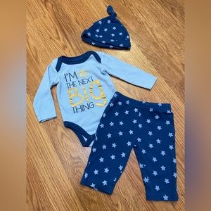 0-3 months baby boy 3 piece blue star onesie outfit cap pants long sleeve fall
